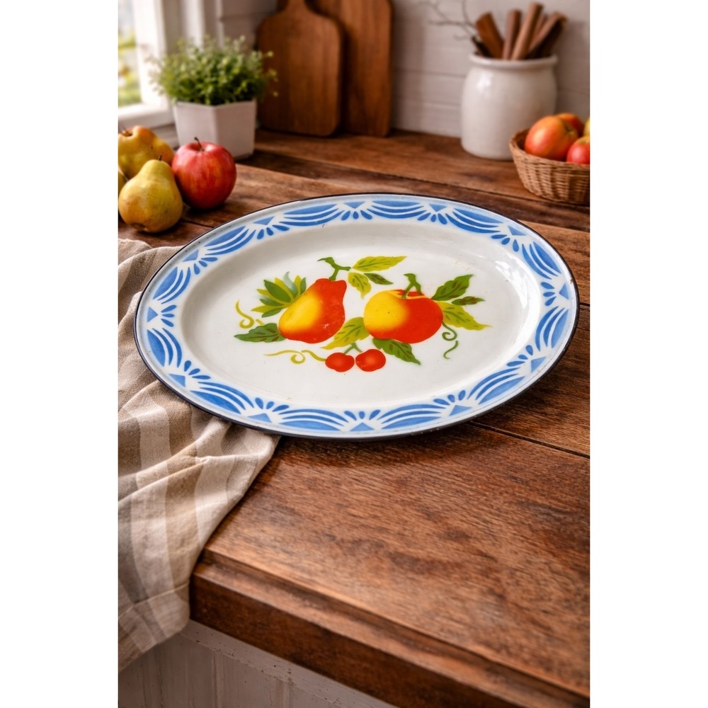 Vintage Enamelware Oval Platter Fruit Design Blue Border Farmhouse Kitchen Decor